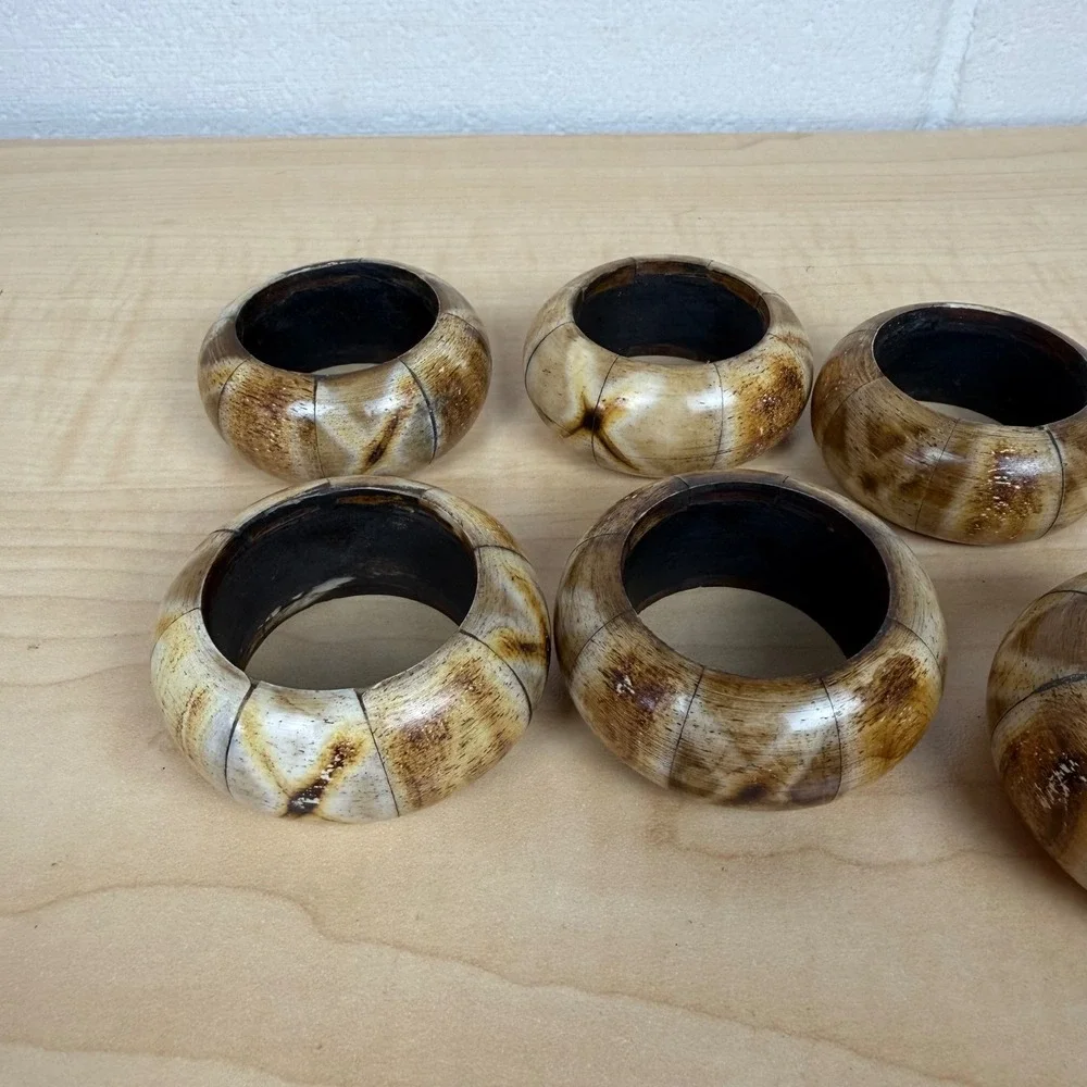 Vintage Bohemian Style Bovine Bone Round Napkin‎ Rings Set of 6 Polished